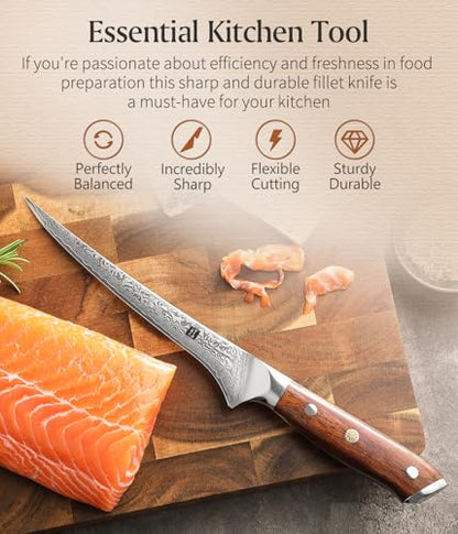 XINZUO 7 Inch Fillet Knife, Damascus Steel with 10Cr15MoV Core, Razor Sharp Boning Knife for Fish, Meat & Seafood, Rosewood Handle - size: 7"