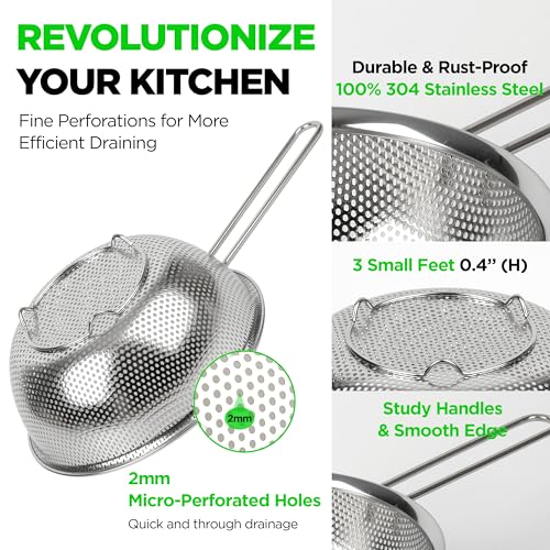 Premium 18/8 304 Stainless Steel Set of 3 – Micro-Perforated Strainer with Long Handle, Self-Draining Base for Pasta Rice Vegetables, 18/8 304 Heavy Duty (1.5, 2.5, 4 Qt) Made in Korea - size: 1.5+2.5+4QT Strainer