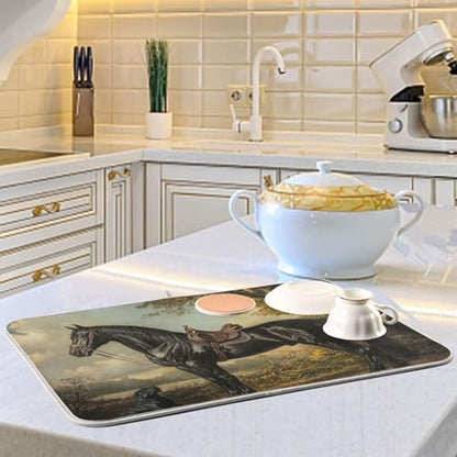 Dog Horse Tree Beige Dish Drying Mat for Kitchen Counter Super Absorbent Draining Mat with Non-slip Backed Drainer Mat for Dish Bottles Cups Bowl Countertops Sinks Draining Racks