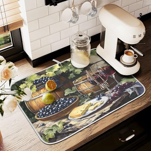 Red Wine Bottles Grapes Cheese Dish Drying Mats for Kitchen Counter, 18x24 inch Drying Dishes Absorbent Microfiber Dish Drainer Mat Rack Pad Fast Dry - size: 18x24in