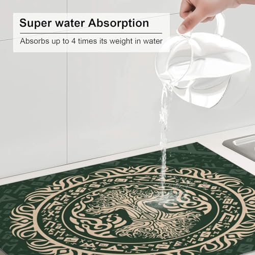 Kitchen Drying Mat for Countertop Celtic Tree Of Life Style Non-Slip Kitchen Counter Mat for Dishes Glassware - color: Dark Green