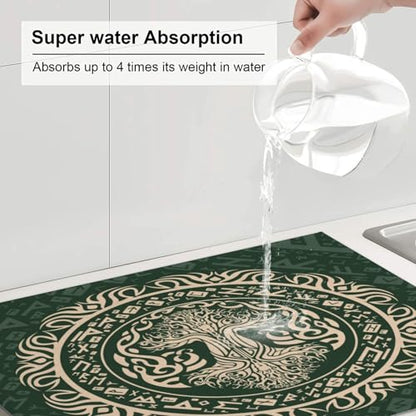Kitchen Drying Mat for Countertop Celtic Tree Of Life Style Non-Slip Kitchen Counter Mat for Dishes Glassware - color: Dark Green