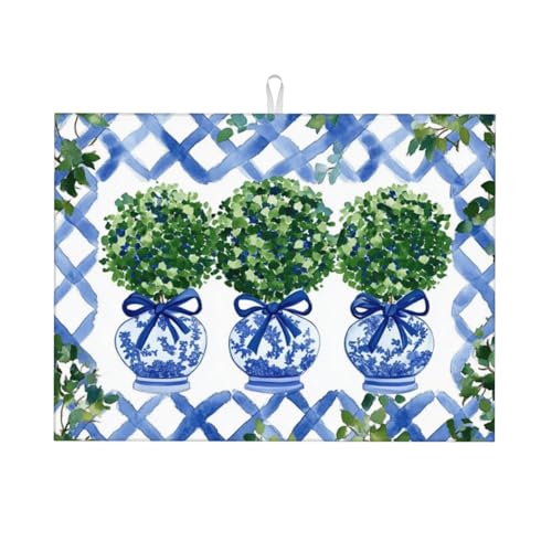 Topiary Chinoiserie Ginger Jar Dish Drying Mat For Kitchen Counter Microfiber Absorbent Dish Draining Reusable Washable Extra Large 18"X24"