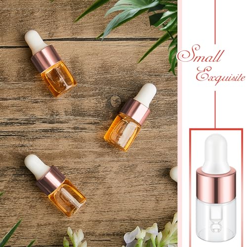 Didaey 100 Pcs 1/2/3/5/10/15 ml Mini Glass Oil Dropper Bottle Bulk, Clear Essential Small Empty Bottles Sample Containers Perfume Liquid Vials with Cap for Traveling (2 ml,Rose Gold) - color: Rose Gold, size: 2 ml