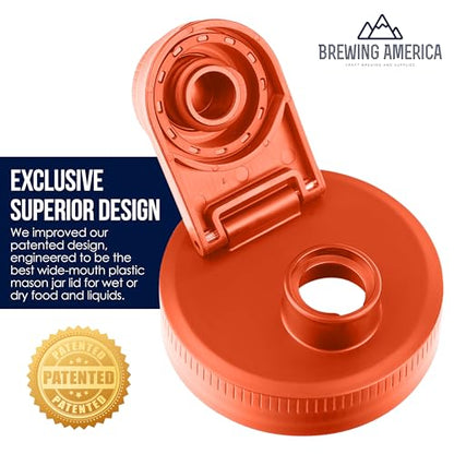 Mason Jar Lids Wide Mouth Plastic 4 Pack - With Flip Cap Screw Top Pouring Spout and Drink Hole - Fits Kerr and Ball Canning Jars - Wet/Dry Food and Liquid Storage - MADE IN USA (Orange) - color: Orange