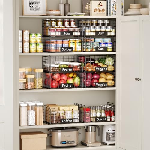 JKsmart 4 Pack XXL Stackable Wire Baskets with Handles for Pantry Storage and Organization,Fruit and Vegetable Basket with Name Plates,Metal Storage Bins for Snack Can Fruit Veggies - size: XXL-16.34"x12.01"x31.48"