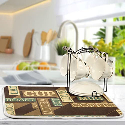 Super Absorbent Dish Drying Mat, Microfiber Fast-Drying Dish Mat, 16" x 18", Kitchen Dish Drying Pad, Coffee Themed Seamless Retro - color: Coffee Themed Seamless Retro, size: 16" x 18"