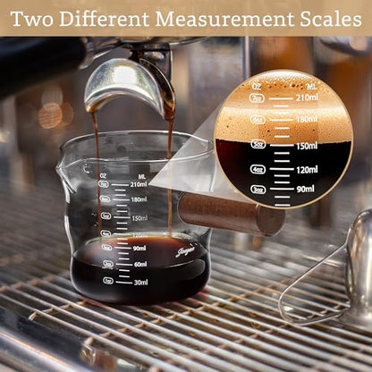 Joeyan Espresso Measuring Cup, Espresso Shot Cups, Glass Measuring Cup with Double Spouts and Wood Handle, Wave Shaped Triple Pitcher Milk Cup, Borosilicate Clear Coffee Bar Accessories, 9 oz - color: Clear wavy espresso cup- double spouts