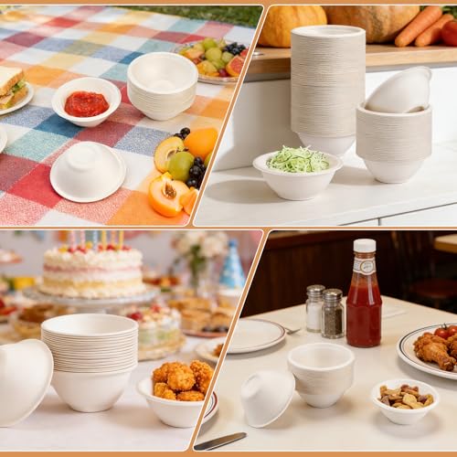 LeonBach 150 Pack 6oz Natural Bagasse Fiber Bowls, Small Disposable Paper Bowls Microwavable Safe Sample Snack Cups Charcuterie Serving Cups for Sauce Portion Condiment Ice Cream Desserts, White - color: White, style: 6oz-150 Pack