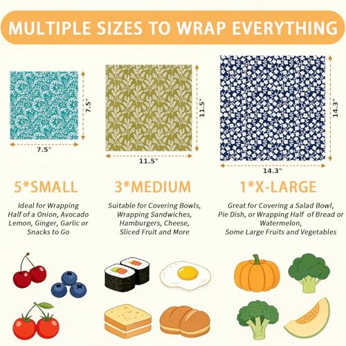 Reusable Beeswax Wraps, Blue Green Floral Wraps, 9 Pack Sandwich, Snack, Bowl, Food Storage, Organic, Sustainable, Zero Waste, Plastic-Free, Eco-Friendly, 1XL, 3M, 5S - color: Green Botanical4