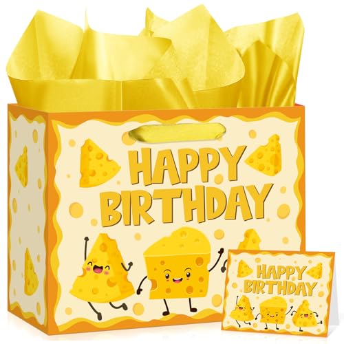 Woosytoo 재미있는 치즈 생일 선물 가방 만화 치즈 테마 생일 포장지 가방 인사말 카드 포함, 어린이 성인 마카로니 및 치즈 애호가 음식 피크닉 Bday 베이비 샤워 파티 - color: 치즈.