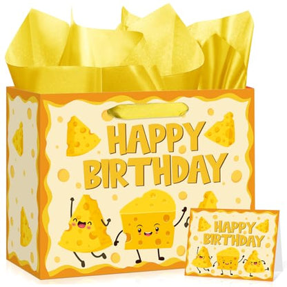 Woosytoo 재미있는 치즈 생일 선물 가방 만화 치즈 테마 생일 포장지 가방 인사말 카드 포함, 어린이 성인 마카로니 및 치즈 애호가 음식 피크닉 Bday 베이비 샤워 파티 - color: 치즈.