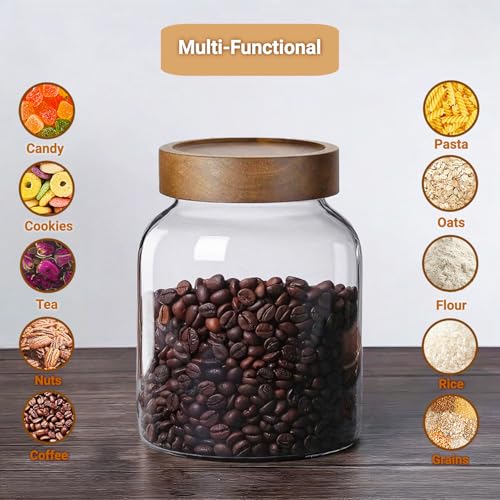 2PCS Large Glass Jar with Airtight Screw on Wood Lid, 50 Fl oz/1500 ml Clear Glass Canister for 1.1LB Coffee Beans, Food Storage Containers Pantry Jars for Rice,Flour,Pasta,Sugar,Cookies, Spice,Cereal - size: 2*1500ml