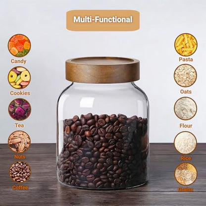 50 Fl oz/ 1500ml Clear Glass Jar with Airtight Screw on Wood Lid and Scoop, Glass Canister for 1.1LB Coffee Beans, Large Food Storage Containers Pantry Jars for Rice,Flour,Pasta,Sugar,Cookies,Cereal - size: 1*1500ml+1*scoop