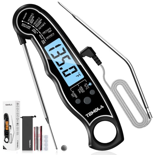 TEMOLA Meat Thermometer, Instant Read Food Thermometer for Cooking, Digital Food Thermometer with LCD Backlight for Candy Fry Grill BBQ Liquids, Kitchen Oven Safe Dual Probe 2 in 1 Thermometer - color: BK-Blue Light
