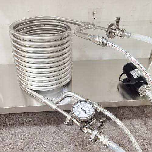 Stainless Steel 304 1Pcs Immersion Wort Chiller,Convoluted Counterflow Wort Chiller Package Male Quick Disconnects with Inline Thermometer