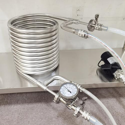 Stainless Steel 304 1Pcs Immersion Wort Chiller,Convoluted Counterflow Wort Chiller Package Male Quick Disconnects with Inline Thermometer
