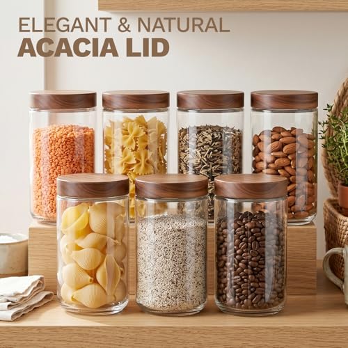 Bumobum 24 oz Glass Jars with Acacia Lids, Glass Food Storage Containers with Airtight Lids, Wide Mouth Mason Salad Jars for Coffee, Sugar, Loose Tea, Spice, Nut, Candy, Cereal, Snacks (4 Pack) - color: 24oz