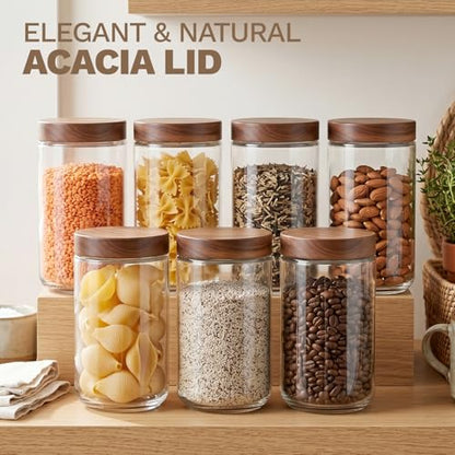Bumobum 24 oz Glass Jars with Acacia Lids, Glass Food Storage Containers with Airtight Lids, Wide Mouth Mason Salad Jars for Coffee, Sugar, Loose Tea, Spice, Nut, Candy, Cereal, Snacks (4 Pack) - color: 24oz