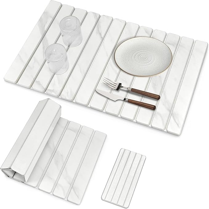 2 PCS Extra Large Stone Dish Drying Mat for Kitchen Counter, Foldable Quick Drying Dish Mats, Super Absorbent Drying Pad, Kitchen Counter Mats for Cups, Dishes, Bottles (White Marble 28"×16" & 8"x4") - color: White Marble