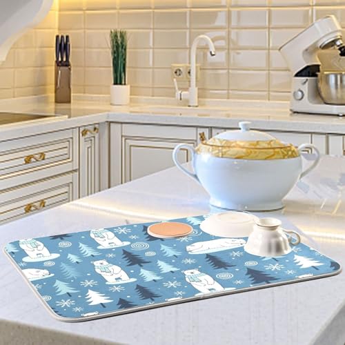 Polar Bears Trees Blue Dish Drying Mat for Kitchen Counter Super Absorbent Draining Mat with Non-slip Backed Drainer Mat for Countertops Sinks Draining Racks Dish Bottles Cups Bowl