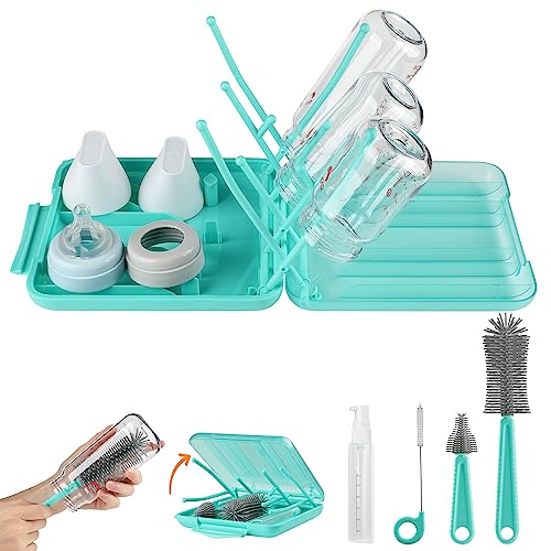 YomauiYee 6 in 1 Bottle Brush Set,Bottle Cleaner Brush Kit with Bottle Brush,Drying Rack,Nipple Brush,Straw Brush,Soap Dispenser&Storage Box,Portable Baby Essentials for Home&Travel - color: Tiffany Blue