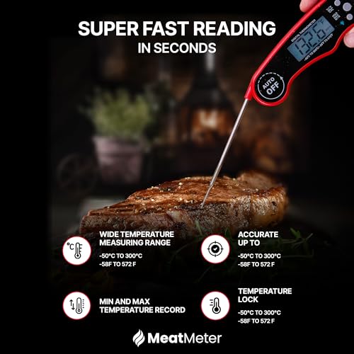 Digital Meat Thermometer for Grill/Cooking Fast Instant Read Waterproof Magnetic Probe Thermometer w/Backlight and Display for Kitchen, BBQ, Frying, etc. Chicken, Steak,or Burgers, Red