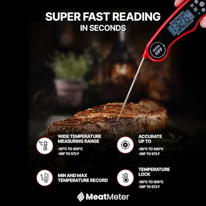 Digital Meat Thermometer for Grill/Cooking Fast Instant Read Waterproof Magnetic Probe Thermometer w/Backlight and Display for Kitchen, BBQ, Frying, etc. Chicken, Steak,or Burgers, Red