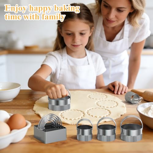 Biscuit Cutter Set of 10 pcs, Square and Fluted Cookie Cutter Set with Handle, Stainless Steel Round Biscuit Cutters, Professional Baking Dough Tools - size: 2 set