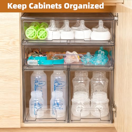 Baby Bottle Organizer, 5 Pack Stackable Storage Drawers with Labels, Clear Station Organizers Container for Pacifiers, Pump Parts, Desk Organizer Bins for Bathroom, Cabinet, Pantry, Vanity, Countertop - style: 2 High+2 Small+1 Wide