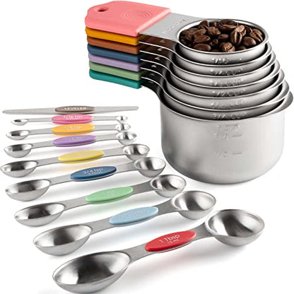 Magnetic Measuring Cups and Spoons Set Including 7 Stainless Steel Heavy Duty Measuring Cup 8 Double Sided Measuring Spoons with 1 Leveler for Dry and Liquid Ingredients (Color) - color: Color