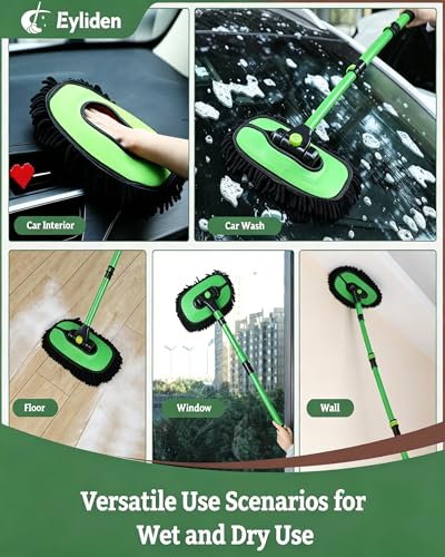 Eyliden Car Wash Brush Mop with Long Handle for Car Truck RV, Green | 90° Swivel Head with 45° Angle Lock, 2 Scratch-Free Microfiber Heads, Car Detailing Kit, 41.9" Adjustable Handle - color: Green & Black