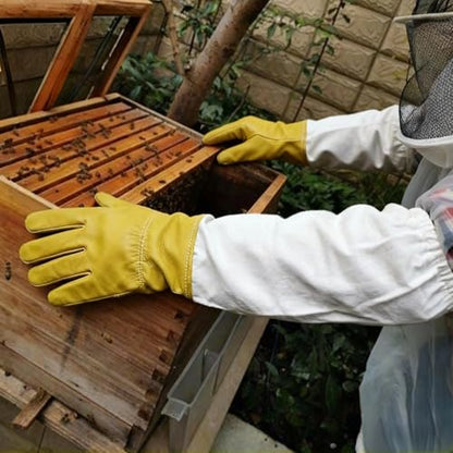 Long Sleeve Beekeeping Gloves in Sheepskin Leather, Yellow/White Canvas, Protective Beekeeper'S Tool