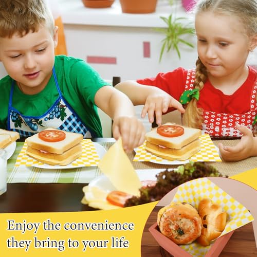 200 Pcs Wax Paper Sheets for Food Deli Wrap Paper Sheets 8.5x8.5"Food Basket Liners Checkered Square Sandwich Wraps for Burgers Bread Restaurant Barbecue Picnic(Yellow) - color: Yellow