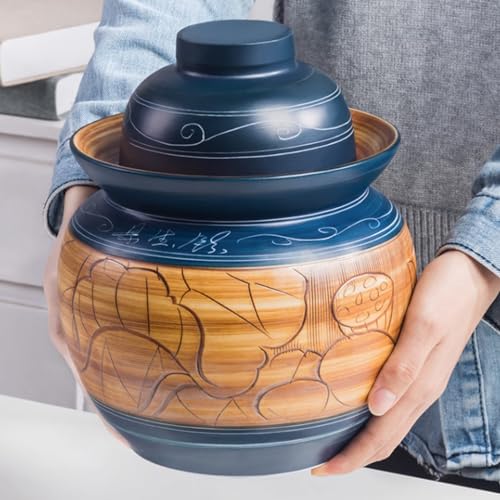 Large Ceramic Pickle Jar with Lids,Blue Traditional Chinese Porcelain Pickle Jar Pickling Jars,Ceramic Fermentation Crock with Water Seal Airlock Lid,Sauerkraut Croc 5kg (5kg - size: 5kg