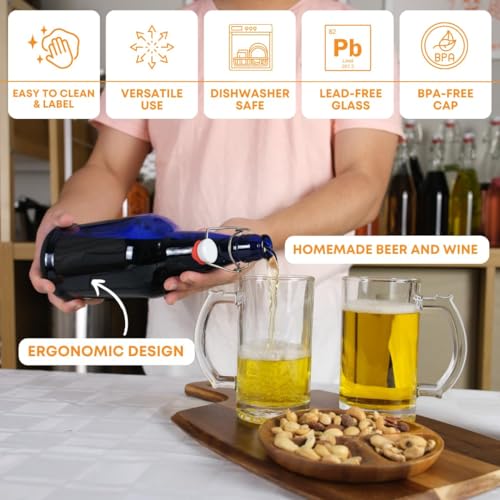 FastRack 33 oz Blue Swing Top Glass Bottles (Pack of 6) | Flip-Top Airtight Bottles with Resealable Grolsch-Style Caps | Reusable Glass Bottles for Kombucha, Beer, Mead, Soda, Vinegar & Water