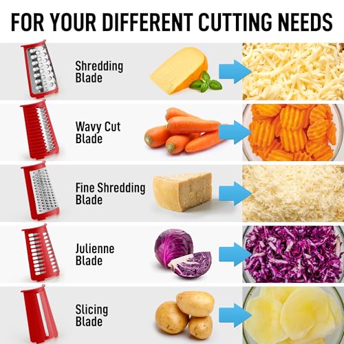 Zulay Kitchen Rotary Cheese Grater 5 Blade Cheese Shredder - Manual Hand Crank Cheese Grater With Reinforced Suction & 5 Interchangeable Drums - Easy to Use, Vegetable Chopper Round Mandoline Slicer - color: Classic | Red