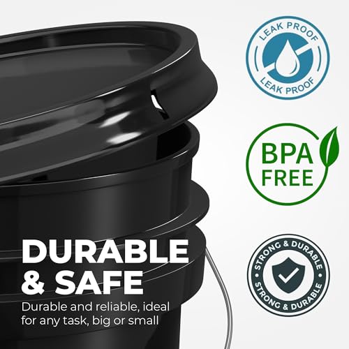 EconoHome 5-Gallon Black Bucket Pail Container with Lid | Metal Handles with Plastic Grip | Easy Stack and Store | Heavy-Duty, Approx 90 MIL, Extra Durable | Food Grade | BPA Free - 3 Pack - color: Black, size: 3 Pack