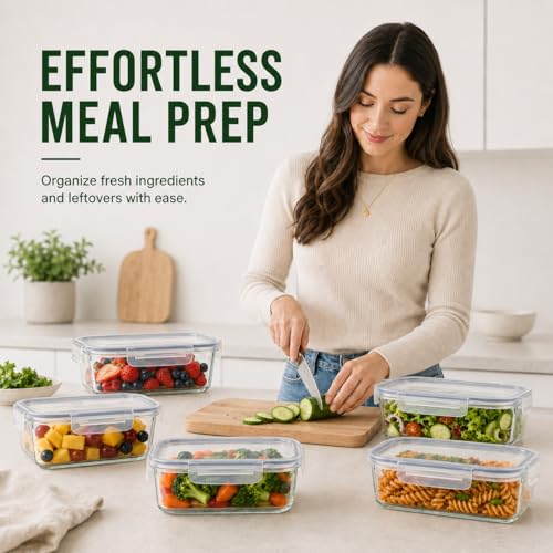 5 Pack 36oz Borosilicate Glass Food Storage Containers Set with Lids, Freezer Meal Prep Containers, Airtight Bento Lunch Container Set, Oven, Freezer and Dishwasher Safe, BPA Free, Kitchen Storage Set - color: transparent