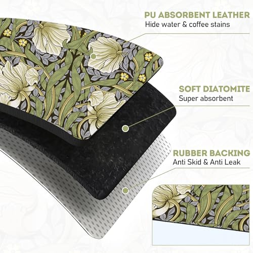 LemonRoad Dish Drying Mat for Kitchen Counter, 12"x20" Absorbent Mat with Morris Pattern, Diatomite Drainer Drying Mats with Non-slip Backing for Coffee Bar Kitchen Sink Countertop - style: Morris Pattern