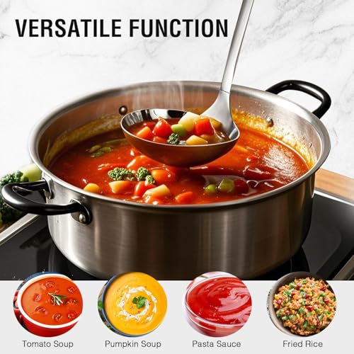 HIFIND Cooking Spoon 12.2 Inches Kitchen Stainless Steel Round Ladle, Heavy-Duty, Heat Resistance, Rust-Resistant Kitchen Ergonomic Handle for Chefs Serving Soups, Stews