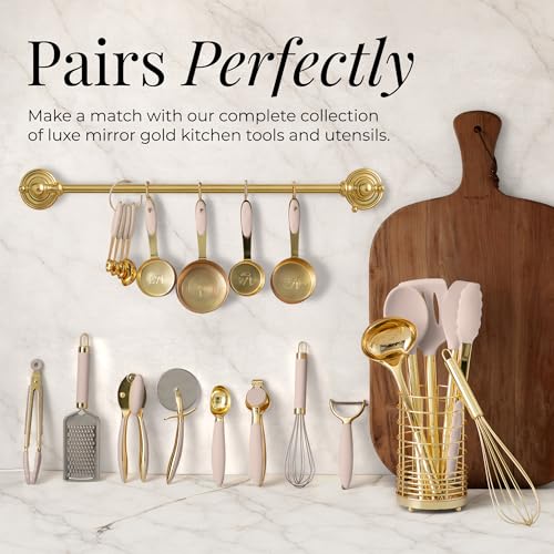 Gold and Beige Kitchen Utensils Set – 8 PC Cooking Gadgets with Mini Gold Whisk and Tongs, Pizza Cutter, Garlic Press, Cheese Grater, Peeler, Can Opener, Scoops – Stylish Beige Kitchen Accessories - color: 8 Piece Beige & Gold
