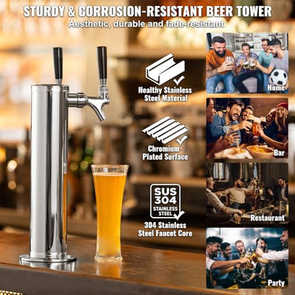 VEVOR Kegerator Tower Kit, Dual Taps Beer Conversion Kit, Stainless Steel Keg Beer Tower Dispenser with Dual Gauge CGA320 Regulator & D-System Keg Coupler, Self-Closing Spring for Party Bar Home - style: Dual Faucets Beer Tower