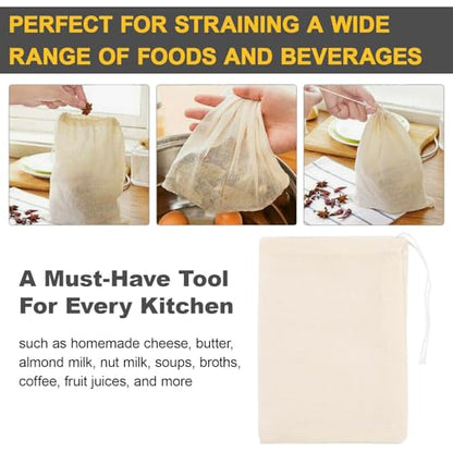 35cm x 25cm, Reusable Cotton Muslin Straining Bag Fine Mesh Food Strainer Filter Bags for Nut Milk Bag Home Brewing, Hop Bags
