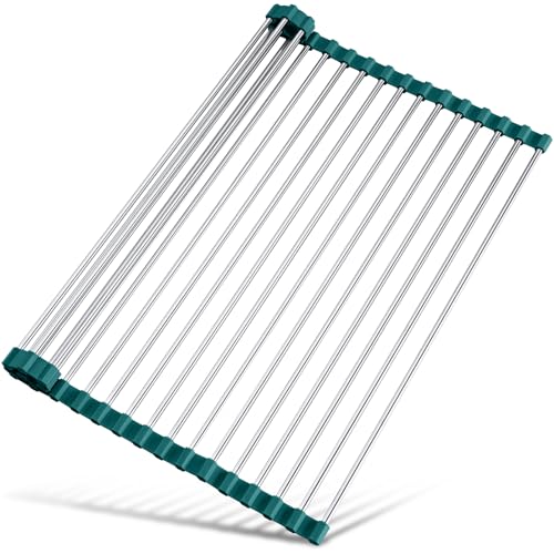 Tomorotec Stainless Steel Roll Up Dish Drying Rack, Foldable Over The Sink Rolling Drainer Rack, Multipurpose Kitchen Gadget Draining Caddy Organizer, Space Saving Sink Accessory Storage Shelf Holder - color: Dark Green, size: 17.7 x 15.5 in