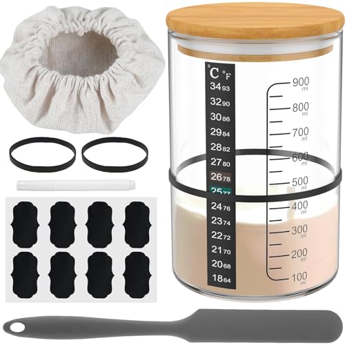 30oz/900ml Wide Mouth Glass Sourdough Starter Jar Kit, Fermentation Container with Lid Spatula Temp Strip & Marking Tape, Complete Bread Baking Supply Set