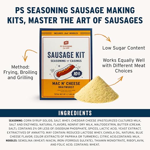 PS Seasoning Cheddar Mac N’ Cheese Bratwurst Kit - Sausage making Seasoning And Natural Hog Casings For 10 Lbs Of Meat Easy Homemade Brats For Pork, Beef, Venison, Wild Game