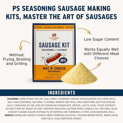 PS Seasoning Cheddar Mac N’ Cheese Bratwurst Kit - Sausage making Seasoning And Natural Hog Casings For 10 Lbs Of Meat Easy Homemade Brats For Pork, Beef, Venison, Wild Game