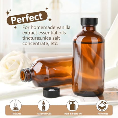 12 Pack 4oz Glass Boston Round Bottles, Amber Glass Bottles with Black Lids, Leak Proof, Handy Storage for Homemade Essential Oils, Vanilla Extract - size: 4oz 12Pack
