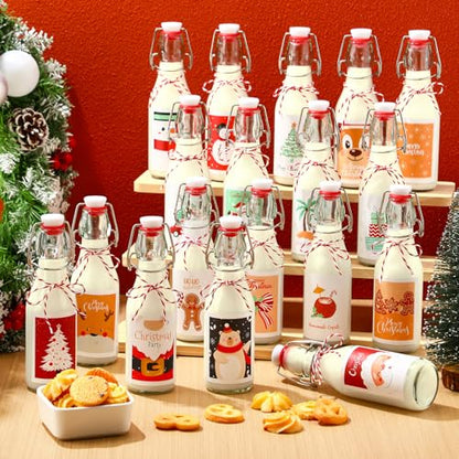 Havawish 16 Pcs Merry Christmas 8 oz Coquito Swing Top Glass Bottles with Airtight Cap Lids Labels Clear Flip Top Bottles with Stoppers for Homemade Christmas Home Brewing Beer Beverages(Cute) - style: Cute